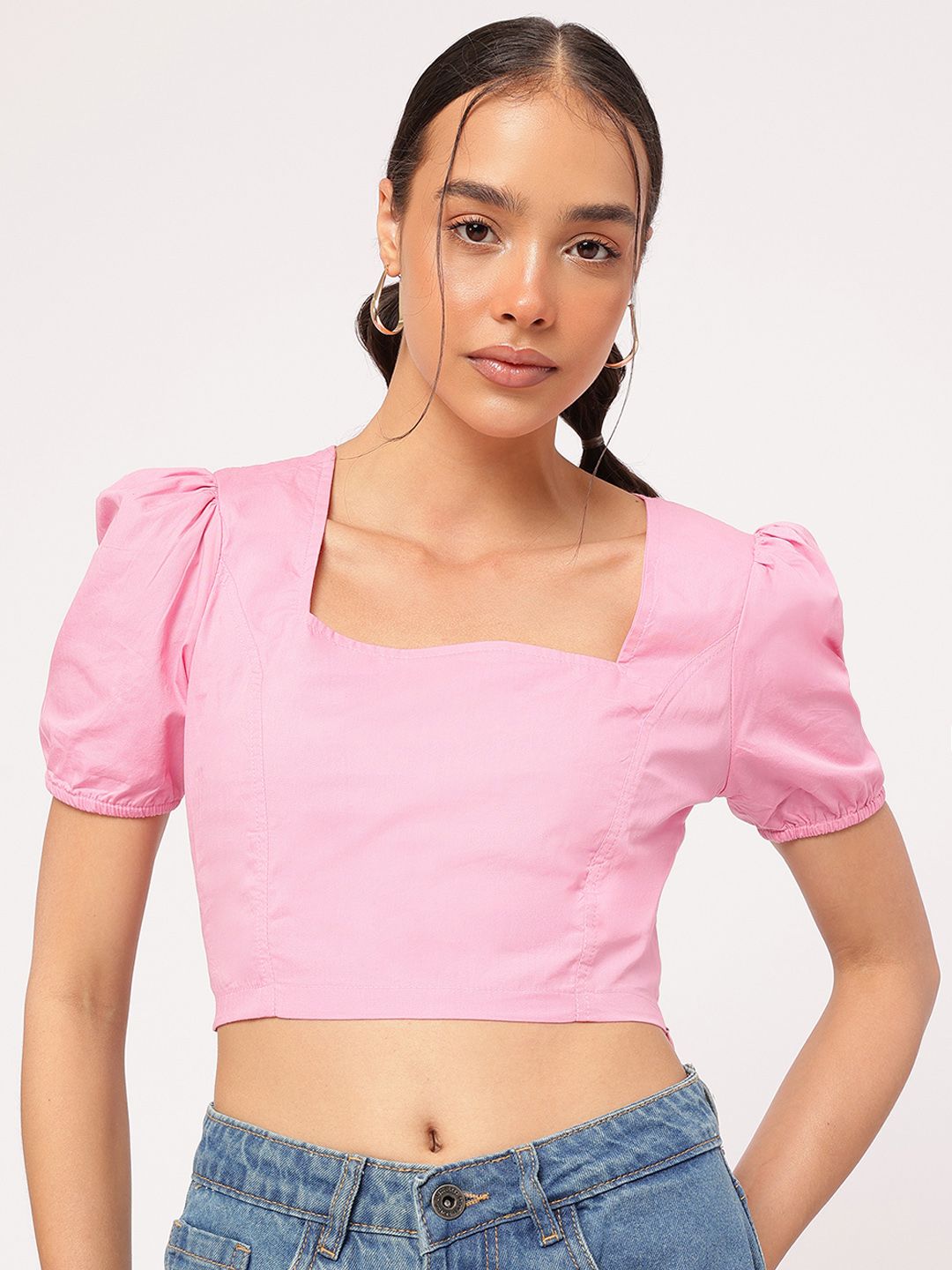 DressBerry Cute & Chic Blush Pink Square Neck Puff-Sleeve Crop Top