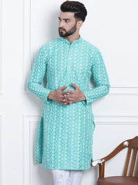 SOJANYA Men Sea Green & White Ethnic Motifs Embroidered Kurta