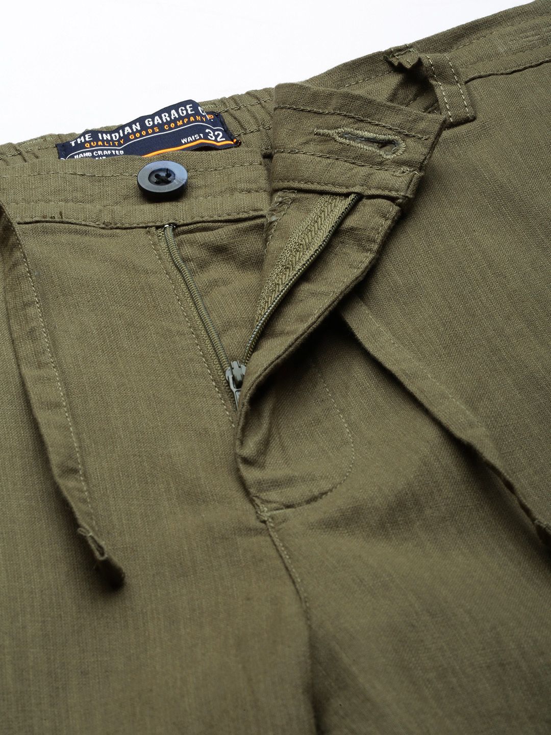The Indian Garage Co Men Olive Green Slim Fit Linen Blend Trousers