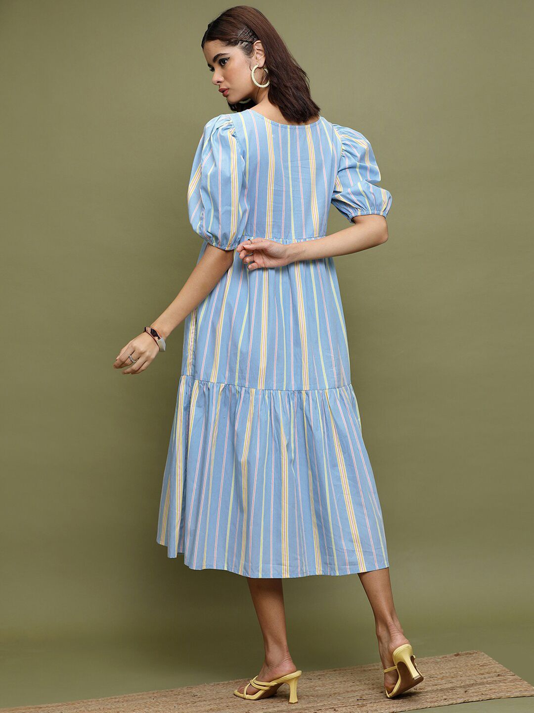 Vishudh Striped Puff Sleeves Gathered Cotton A-Line Midi Dress