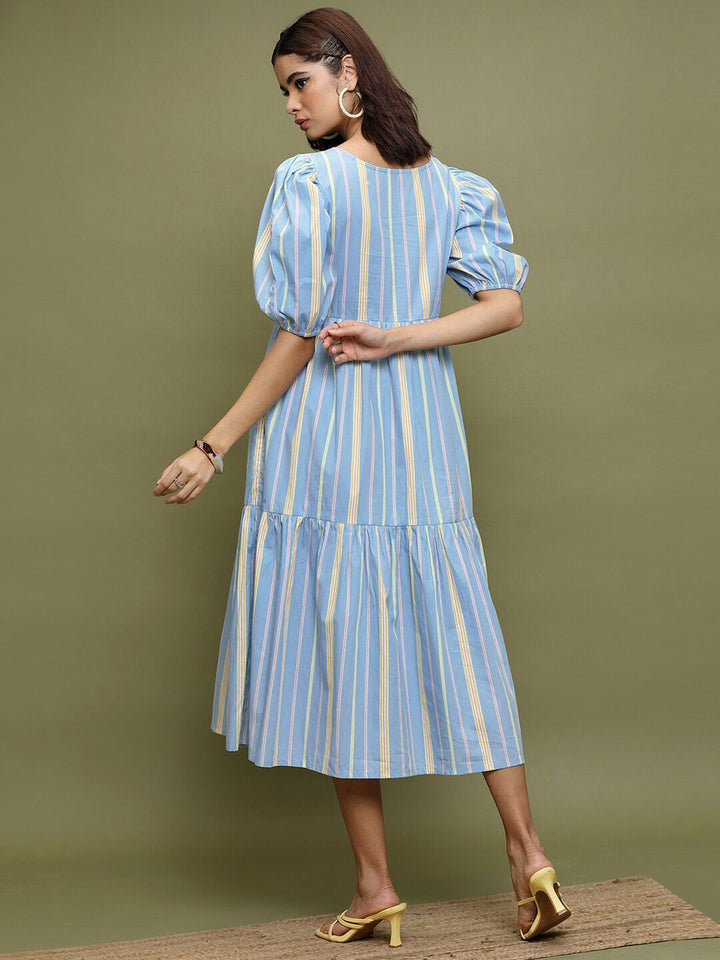 Vishudh Striped Puff Sleeves Gathered Cotton A-Line Midi Dress