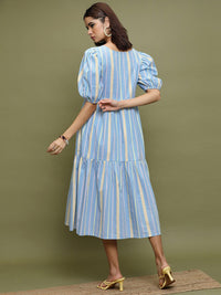 Vishudh Striped Puff Sleeves Gathered Cotton A-Line Midi Dress