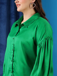 CURVY STREET Plus Size Comfort Oversized Puffed Sleeves Satin Casual Shirt