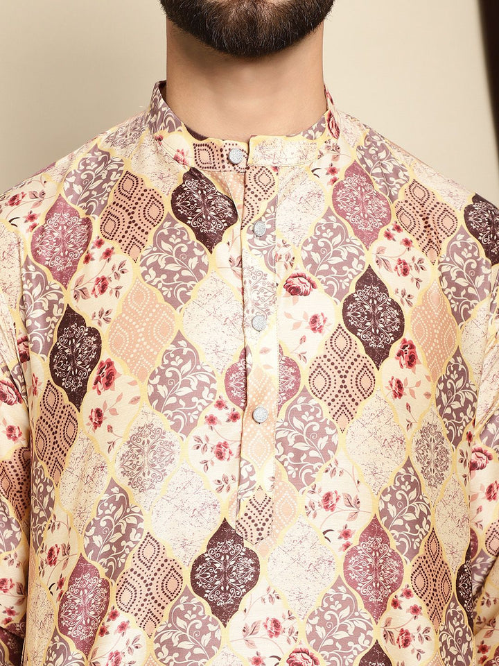 Anouk Beige Ethnic Motifs Printed Mandarin Collar Long Sleeves Silk Cotton Straight Kurta