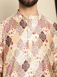Anouk Beige Ethnic Motifs Printed Mandarin Collar Long Sleeves Silk Cotton Straight Kurta