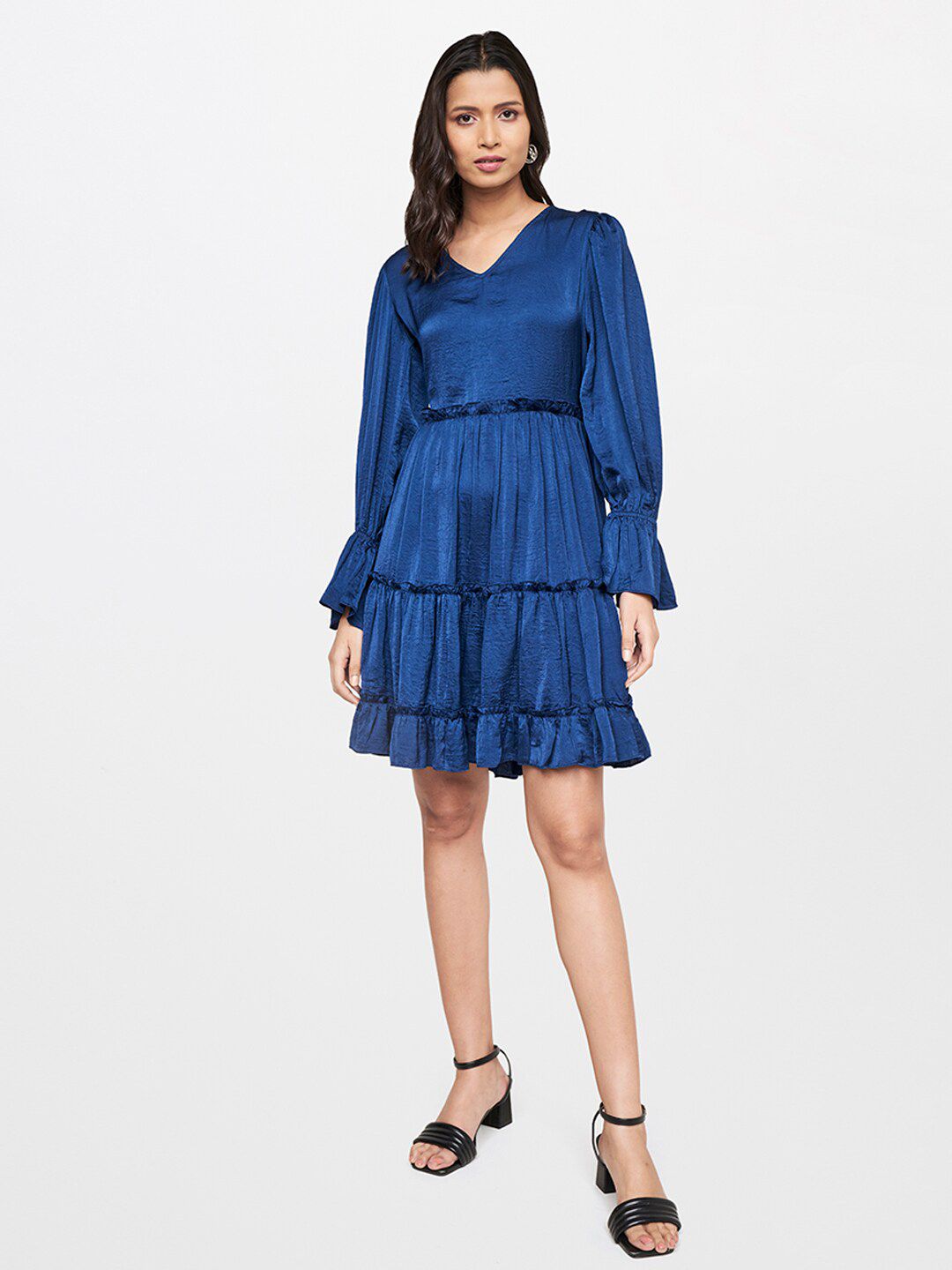 AND Navy Blue Solid Tiered Bell Sleeves Dress