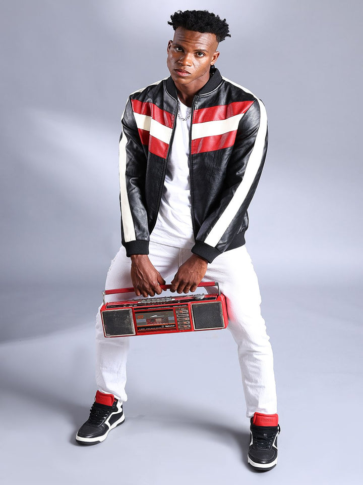 The Indian Garage Co Men Colourblock Slim Fit Zip-Front Faux Biker Jacket