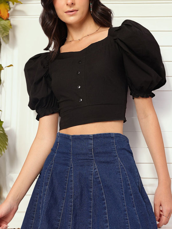 DressBerry Bubbly Basics Sweetheart Neck Puff Sleeves Crop Top