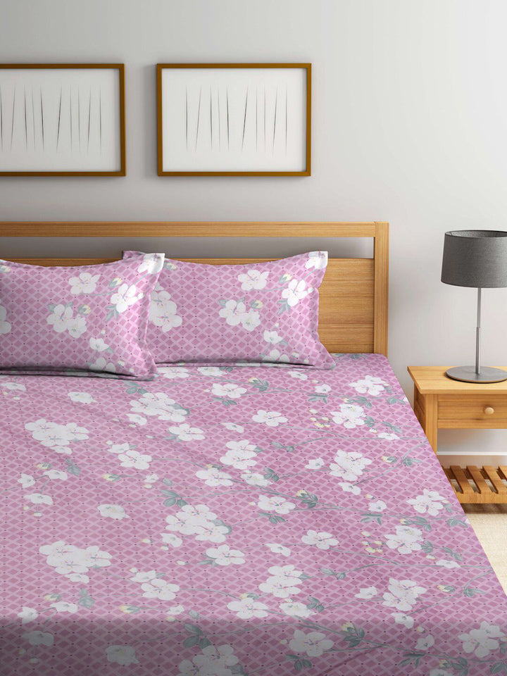 KLOTTHE Purple Floral Cotton 300 TC Fitted King Fine Bedsheet with 2 Pillow Covers-98 x 89 inches