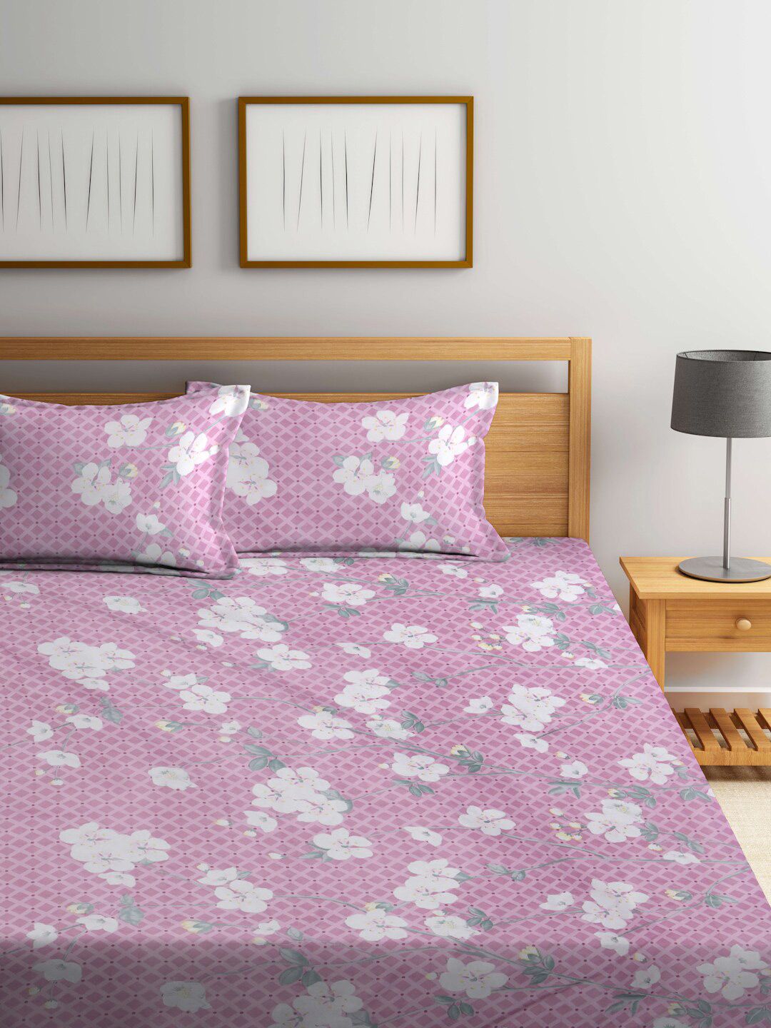 KLOTTHE Purple Floral Cotton 300 TC Fitted King Fine Bedsheet with 2 Pillow Covers-98 x 89 inches