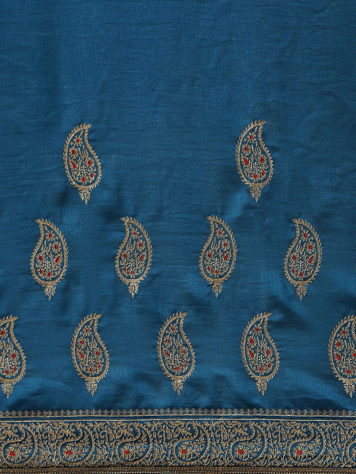 Saree mall Teal Silk Blend Vichitra Ethnic Embelished Party Sarees