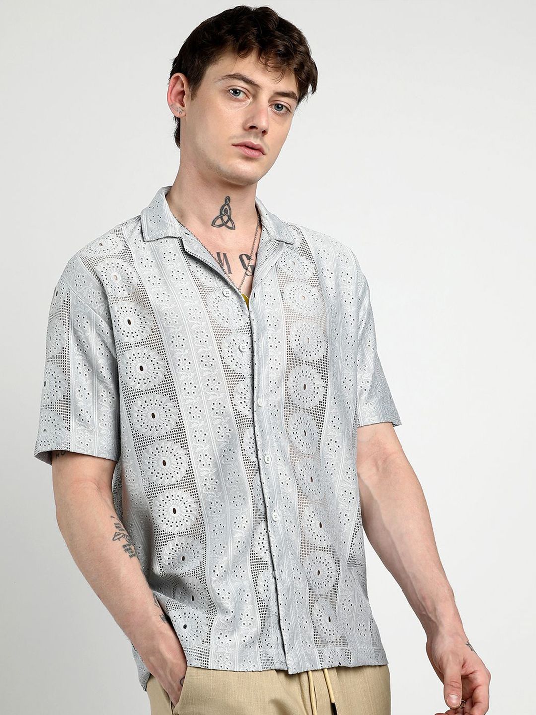 Campus Sutra Men Comfort Mandala Design Cuban Collar Oversized Casual Shirt