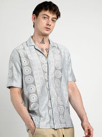 Campus Sutra Men Comfort Mandala Design Cuban Collar Oversized Casual Shirt
