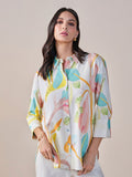 AND Print Shirt Collar Styled Back Top