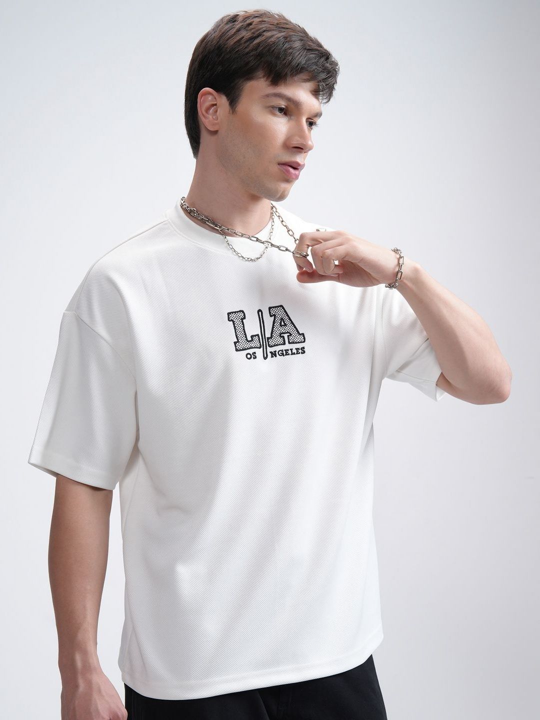 HIGHLANDER Men Round Neck Half Sleeve Oversized Embellished T- Shirt