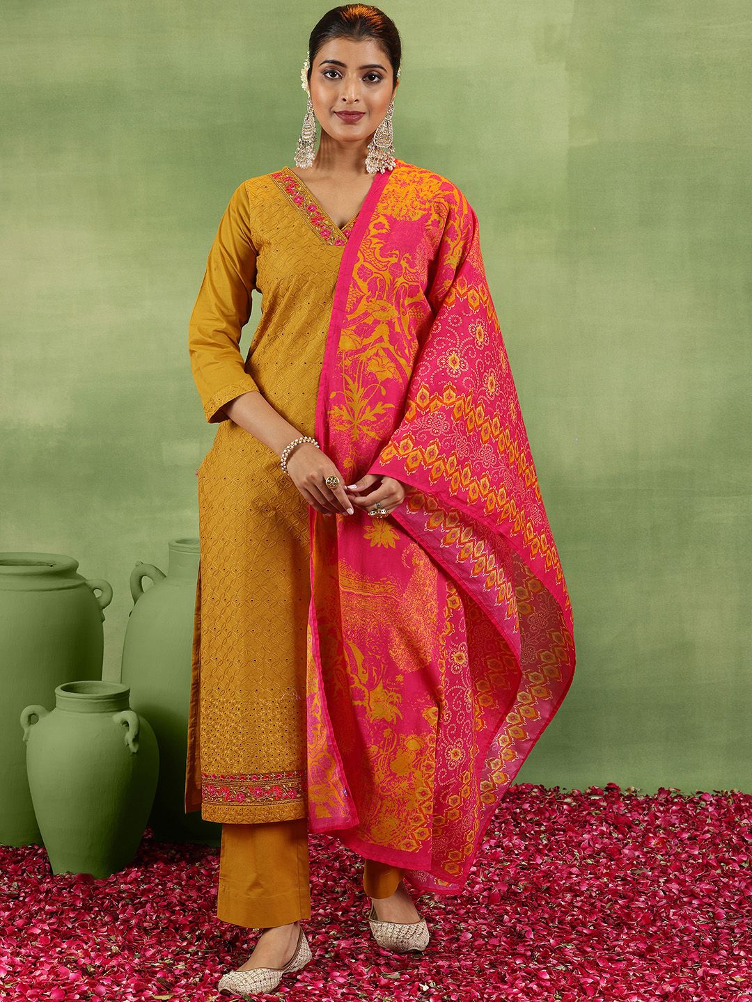 Libas Mustrad Yellow Floral Embroidered Schiffli Cotton Kurta With Trousers & Dupatta