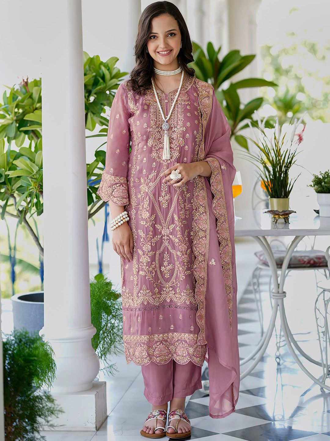 Indo Era Ethnic Motifs Embroidered V Neck Straight Kurta With Trousers & Dupatta