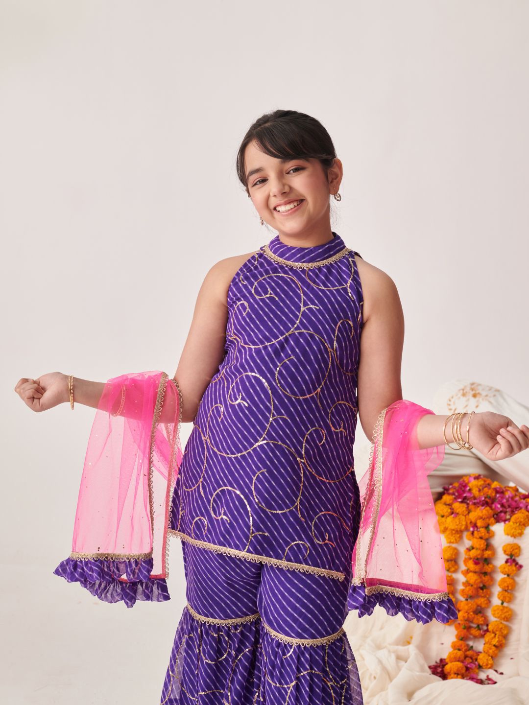 pspeaches Girls Floral Printed Angrakha Kurta with Sharara & With Dupatta