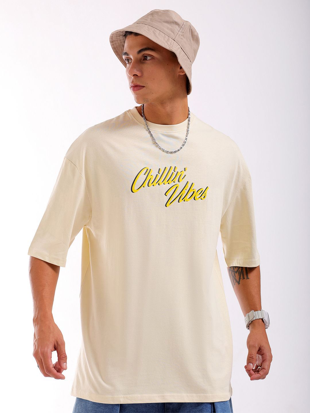 The Indian Garage Co Men Back Printed Oversized Round Neck Pure Cotton T-shirt