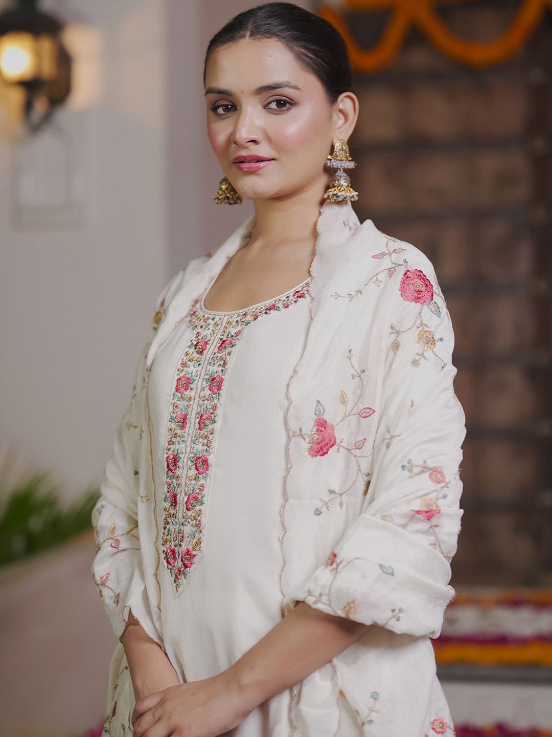 Indo Era Women Floral Embroidered Regular Thread Work Kurta with Trousers & With Dupatta