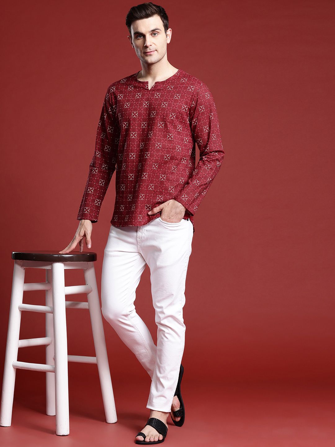 Anouk Men Geometric Printed Pure Cotton Short Kurta