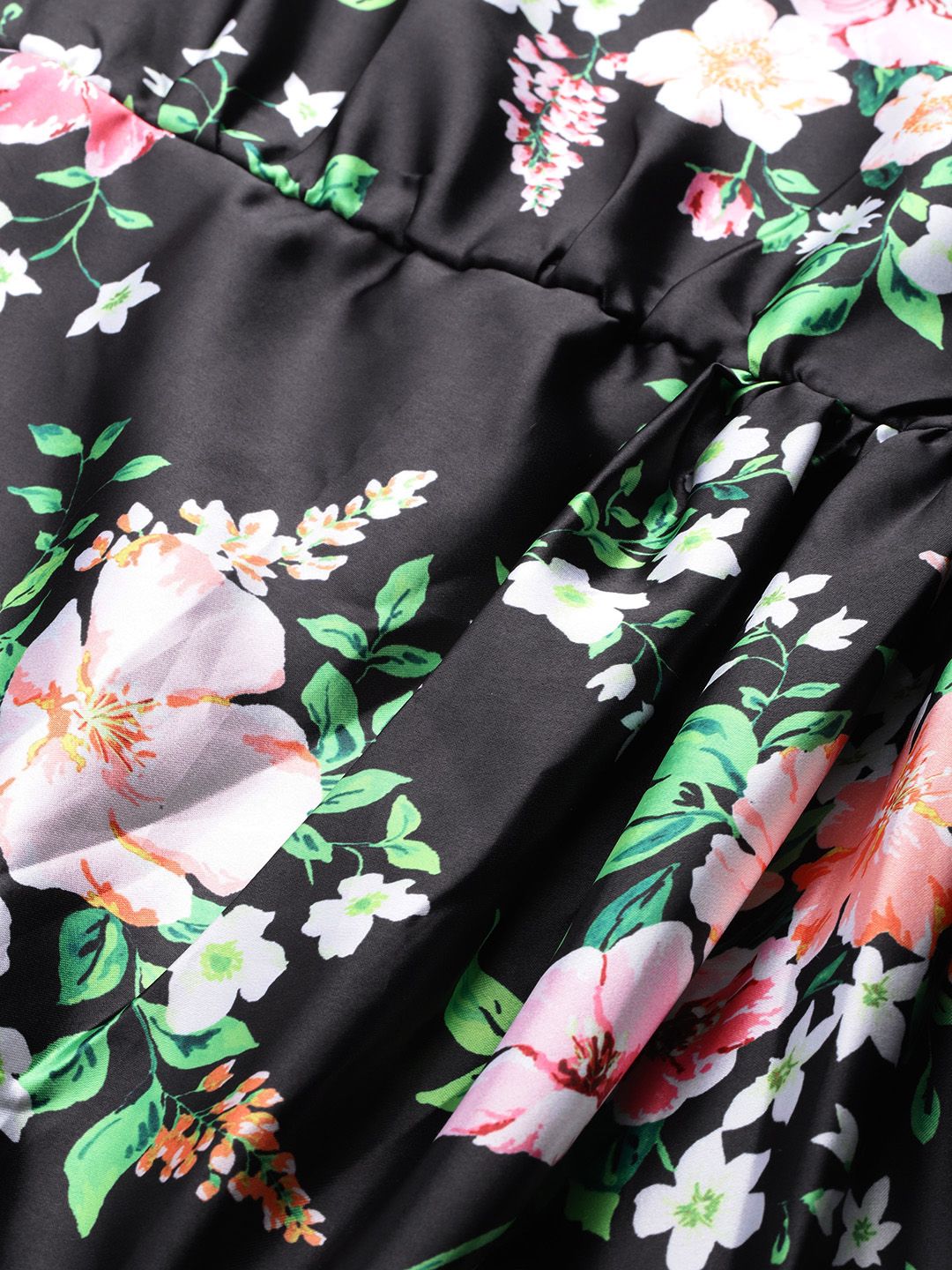 DressBerry Floral Print Satin-Finish A-Line Midi Dress