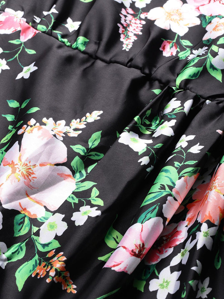 DressBerry Floral Print Satin-Finish A-Line Midi Dress