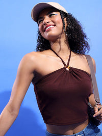Tokyo Talkies Brown Halter Neck Crop Top