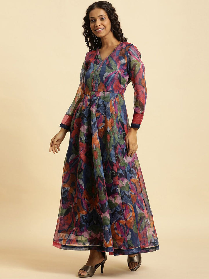 W Navy Blue Floral Printed Fit & Flare Ethnic Dress