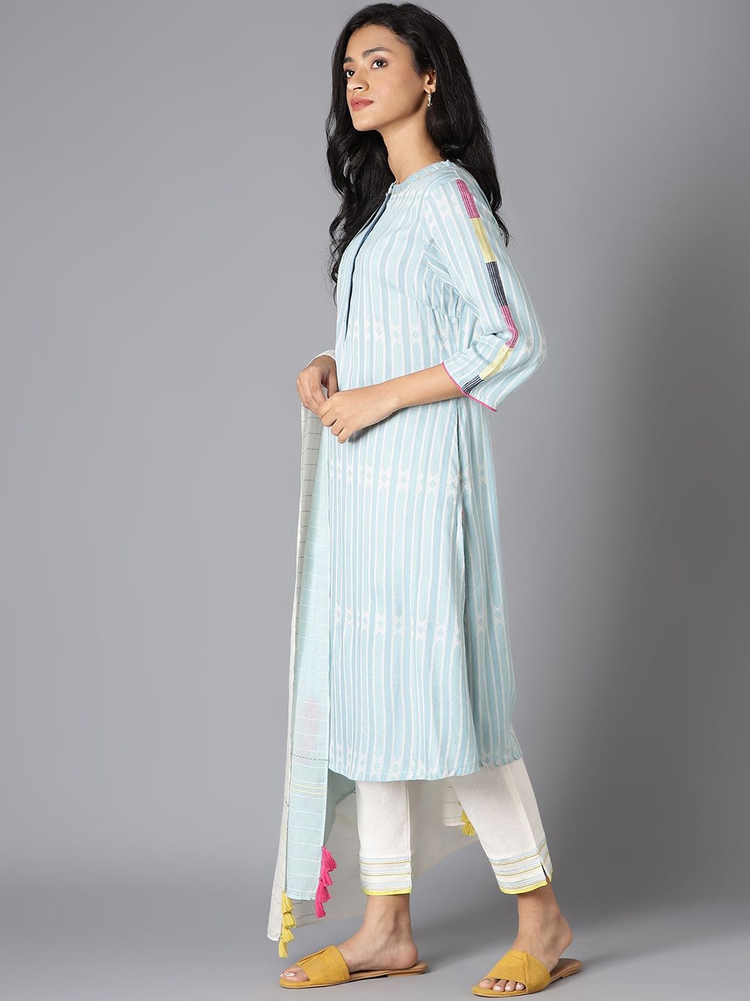 W Women Blue Striped Kurta with Trousers & With Dupatta