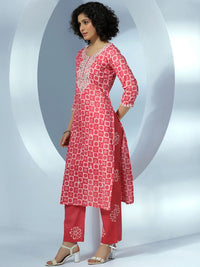 Libas Women Printed Regular Thread Work Pure Cotton Kurta with Trousers & With Dupatta