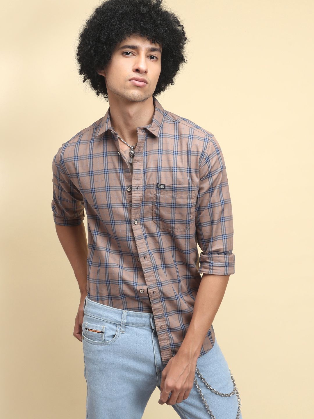 The Indian Garage Co Men Beige & Navy Blue Slim Fit Printed Casual Shirt