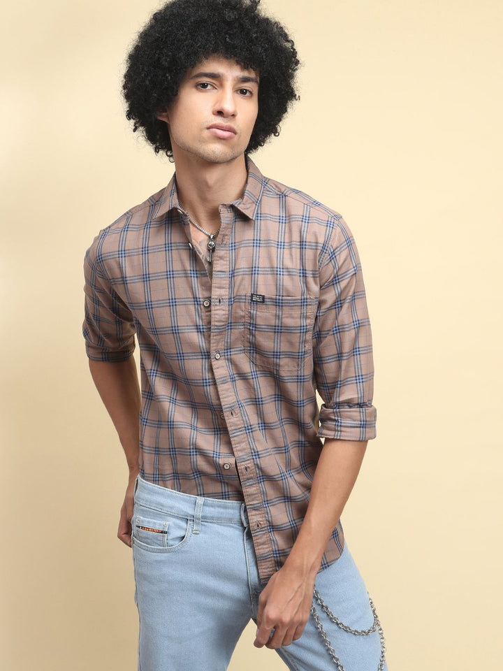 The Indian Garage Co Men Beige & Navy Blue Slim Fit Printed Casual Shirt