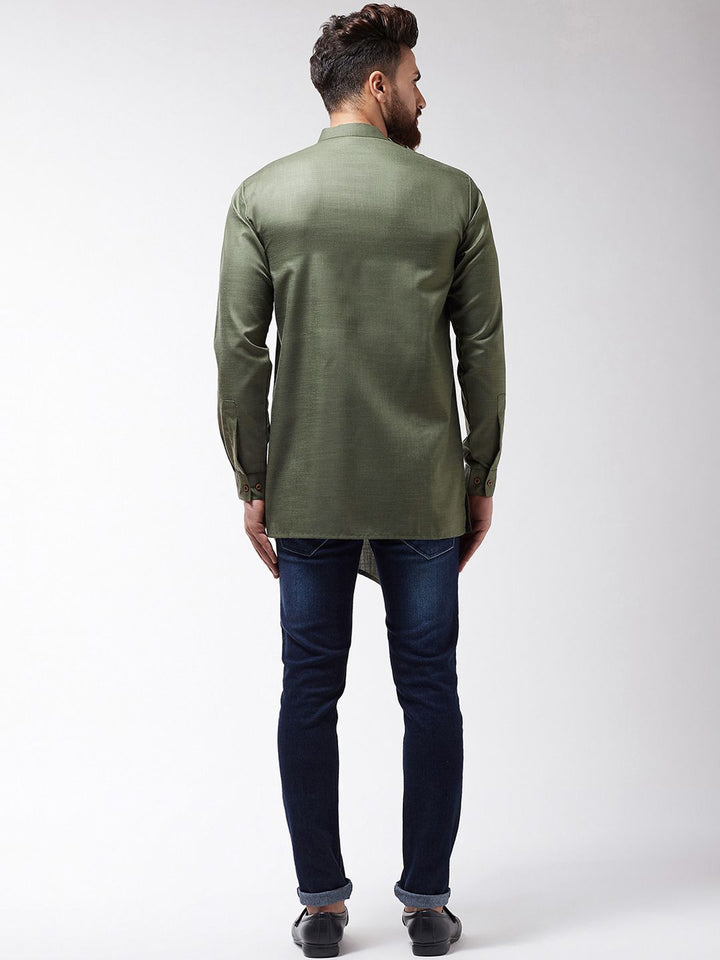 SOJANYA Kurta Asymmetric Pepejal Hijau Zaitun Lelaki