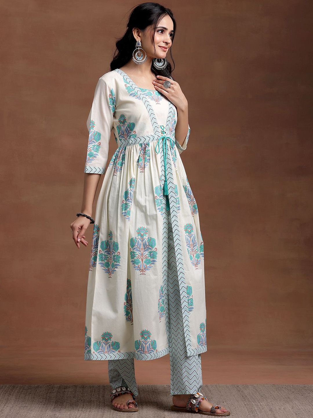 Libas Square Neck Floral Printed Pleated Pure Cotton A Line Kurta with Trouser