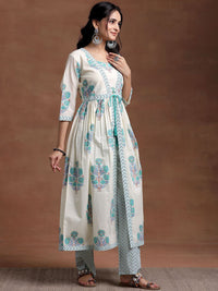 Libas Square Neck Floral Printed Pleated Pure Cotton A Line Kurta with Trouser