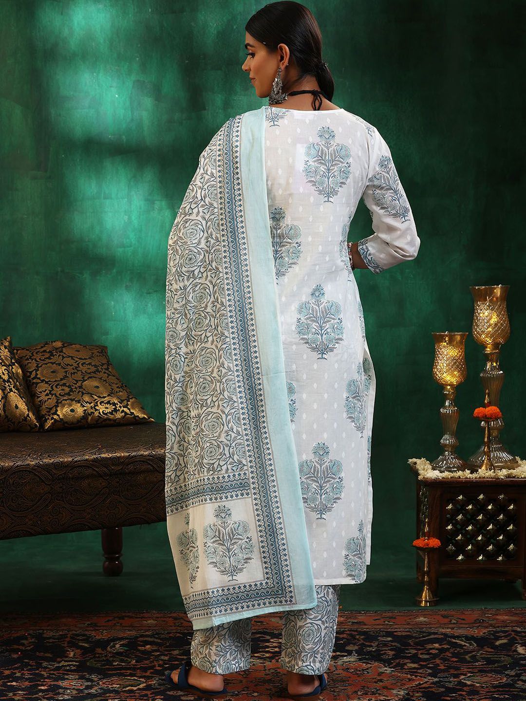 Libas Floral Printed Gotta Patti Pure Cotton Straight Kurta with Trousers & Dupatta
