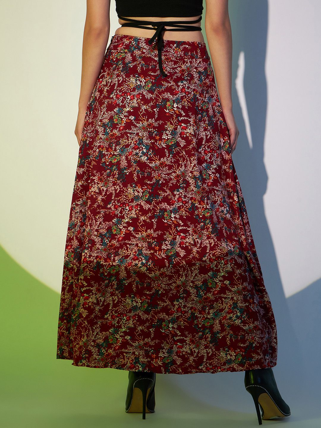Berrylush Maroon Floral Printed High Rise A-line Maxi Skirt