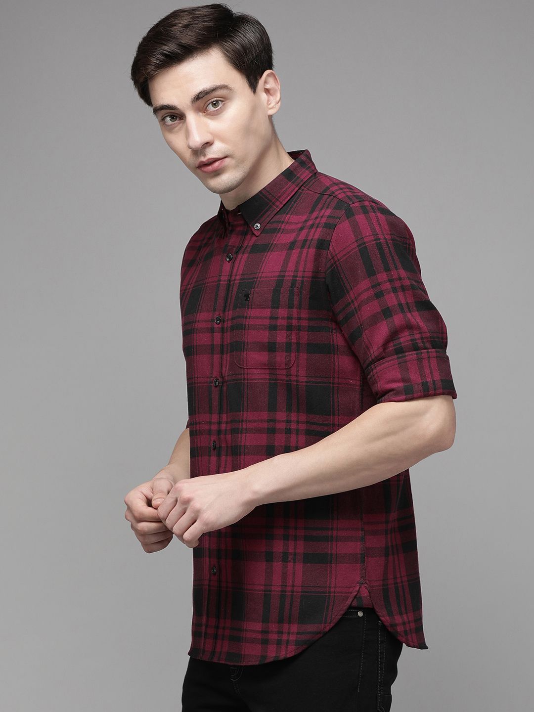 THE BEAR HOUSE Men Maroon Slim Fit Pure Cotton Checked Flannel Slim Fit Casual Shirt
