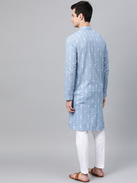 See Designs Men Blue & White Printed Straight Kurta