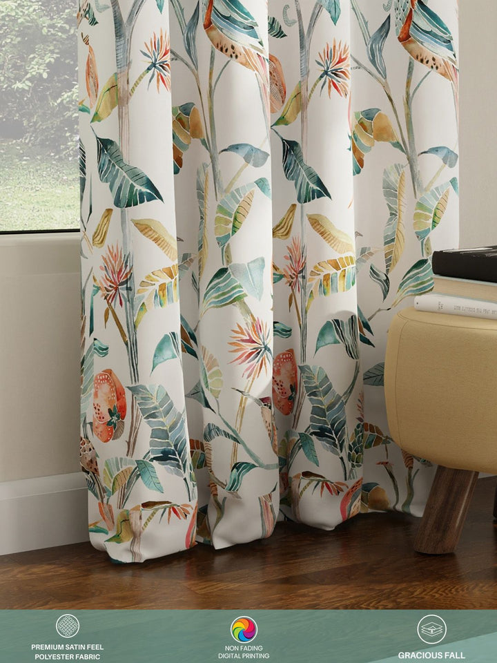URBAN SPACE Set of 2 White & Peach Floral Printed Room Darkening Long Door Curtains