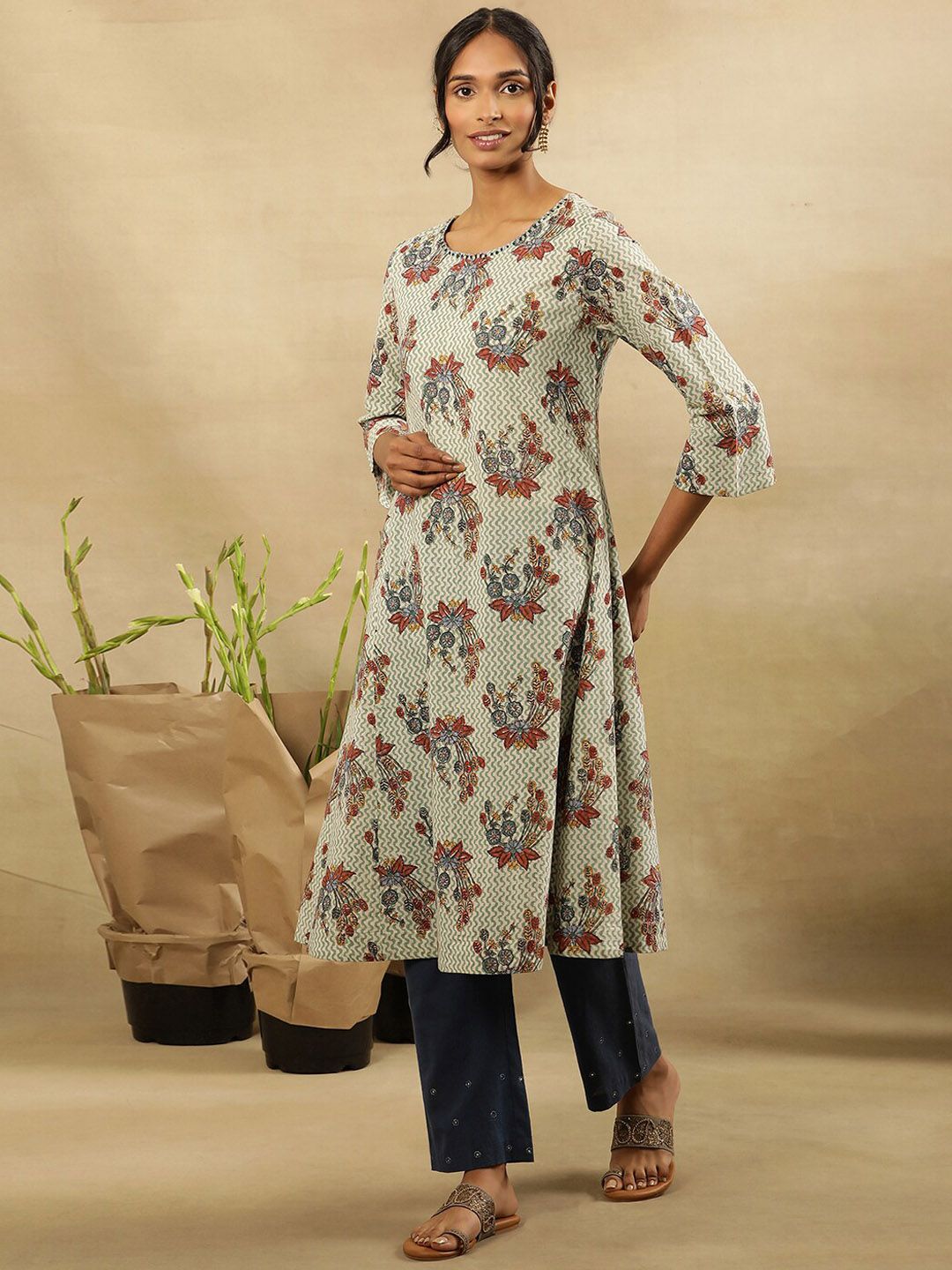 W Floral Printed Gotta Patti Cotton A-Line Kurta