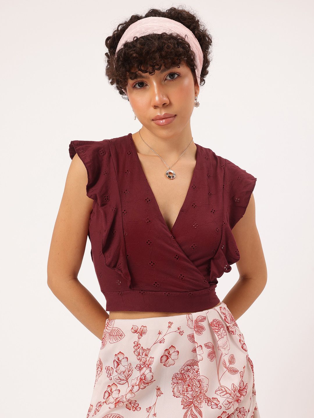 DressBerry Schiffli Slay Ruffled Cut-Out Tie-Up Back Wrap Crop Top