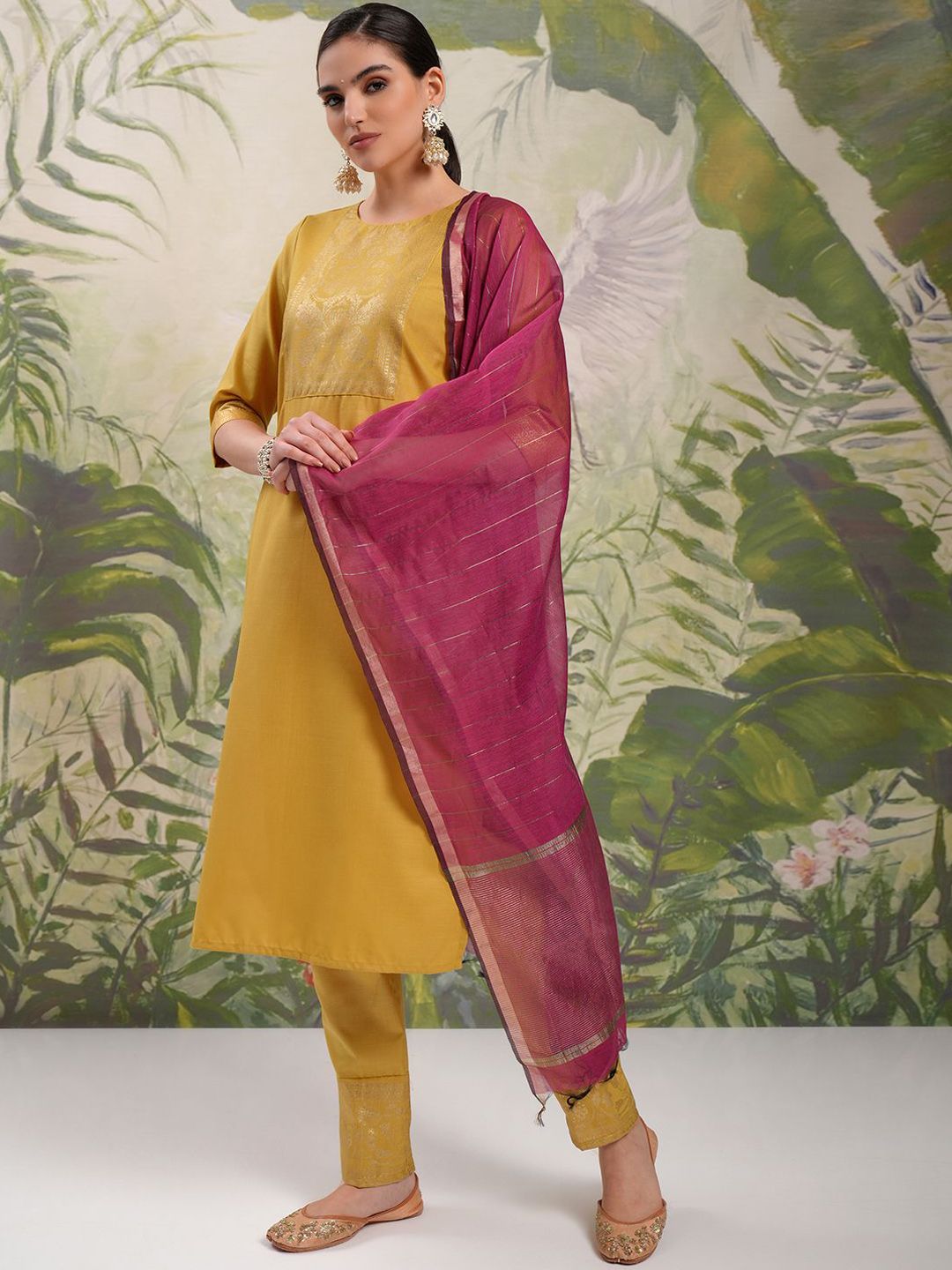 Vishudh Yellow Ethnic Motifs Yoke Design Straight Kurta With Trousers & Dupatta