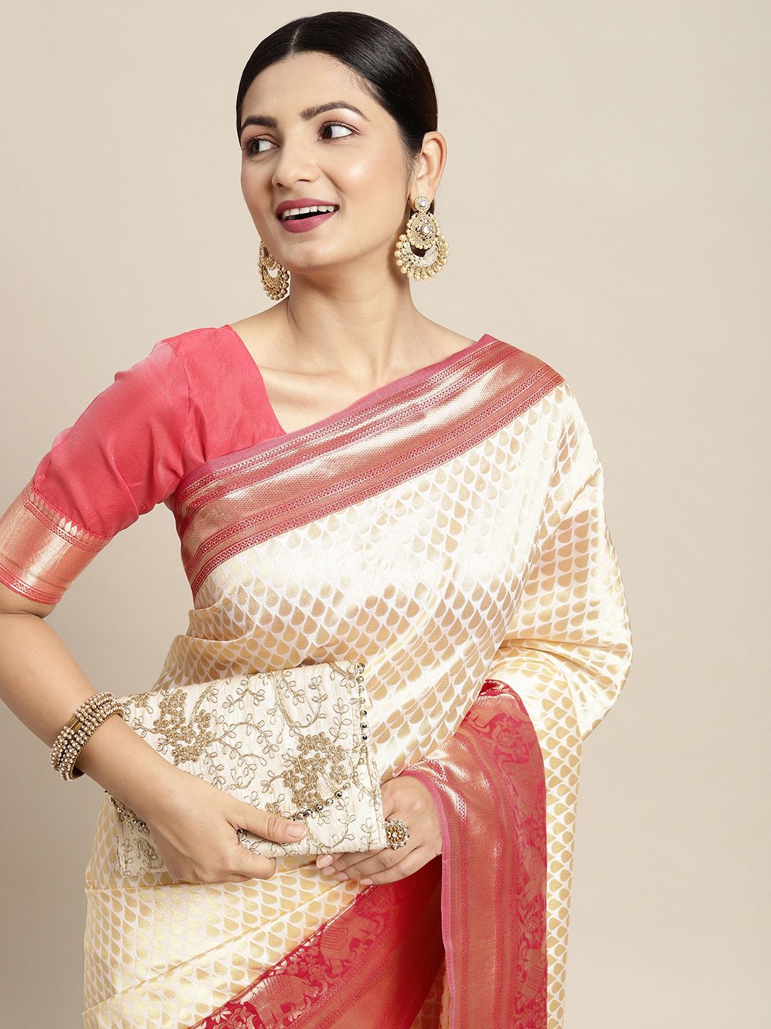 Saree mall Off White & Pink Ethnic Motifs Zari Silk Blend Kanjeevaram Sarees