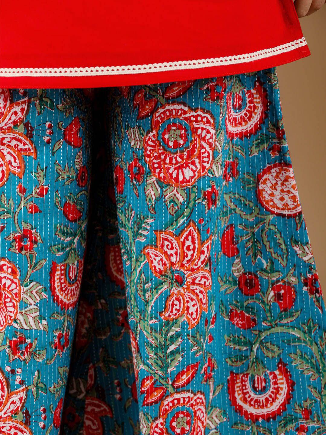 VASTRAMAY Girls Square Neck Regular Kantha Work Pure Cotton Kurta With Palazzos & Dupatta