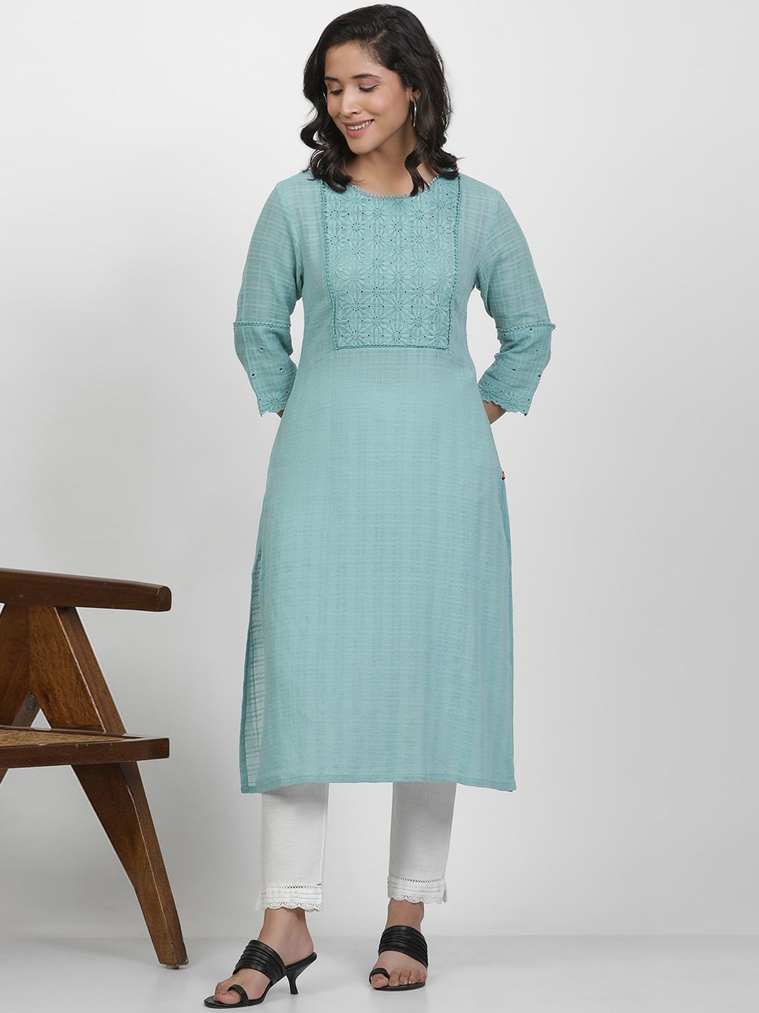 W Women Checked Straight Pure Cotton Kurta