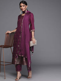 Libas Women Aubergine & Gold Ethnic Motifs Zari Straight Kurta with Trousers Dupatta