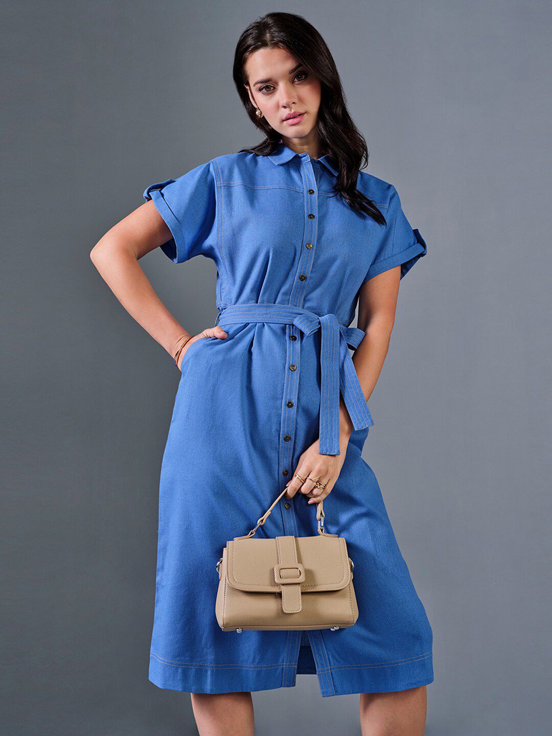 AND Shirt Collar Tie-Ups Midi Dress