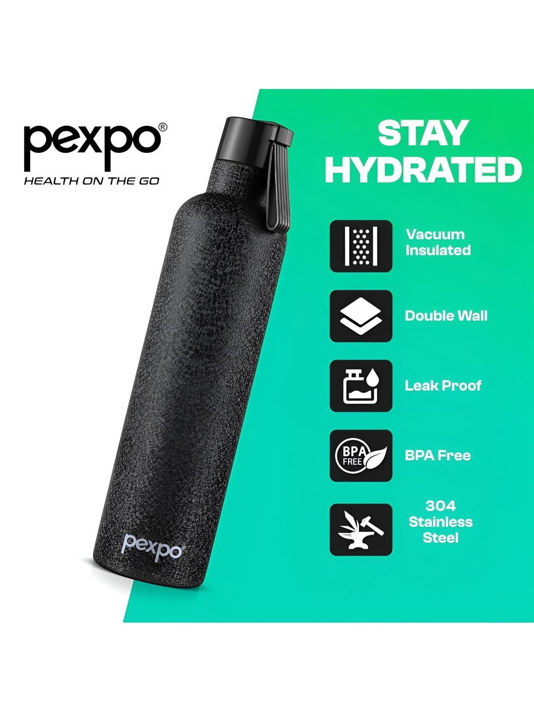 Pexpo Oslo Black ISI Certified Thermosteel Hot and Cold flask Insulated Water Bottle1000ml
